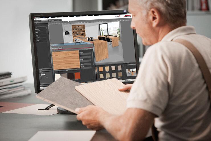 Abwägen von Holzmaterialien und Farben durch #Branche1# während einer 3D Küchenplanung