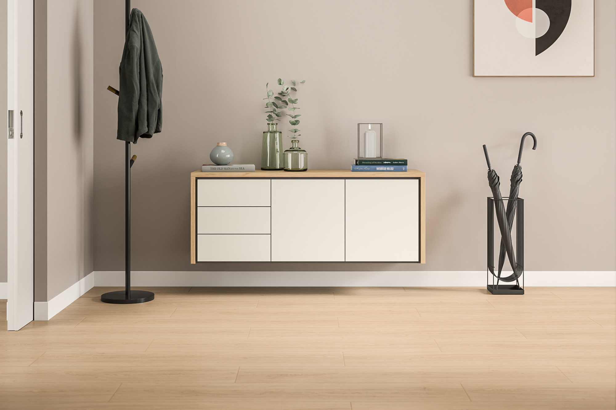 Schwebendes Hängeboard nach Maß in Cremeweiß mit Holzoberfläche und klaren Linien, ausgestattet mit Schubladen, sorgt für stilvollen Stauraum beim Eingang.