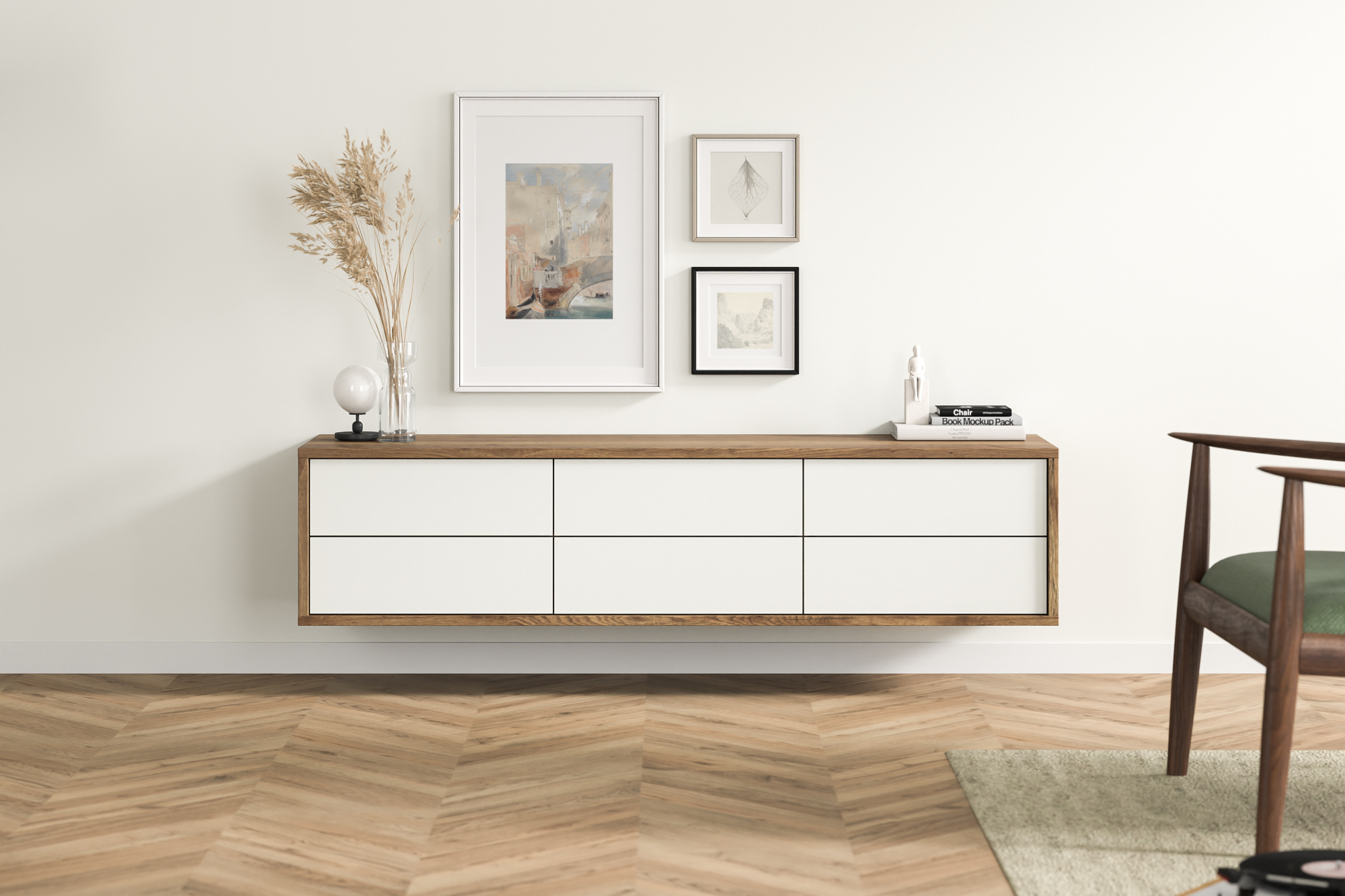 Ein minimalistisches, maßgefertigtes Hängeboard aus Holz mit weißen Schubladen, unter eingerahmten Bildern, verleiht diesem Wohnbereich ein stilvolles Flair.